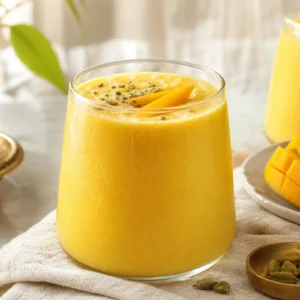 A creamy golden Indian Mango Lassi in a glass with mango slices and cardamom.