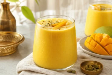 A creamy golden Indian Mango Lassi in a glass with mango slices and cardamom.