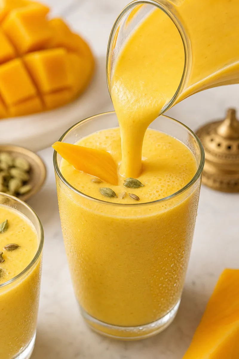 Thick golden Mango Lassi being poured into a chilled glass with mango and cardamom.