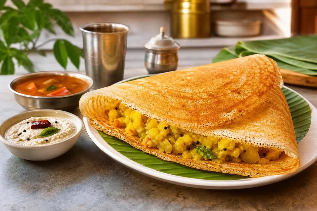 Crisp golden Indian masala dosa filled with spiced potatoes and served with chutney and sambar.