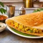 Crisp golden Indian masala dosa filled with spiced potatoes and served with chutney and sambar.