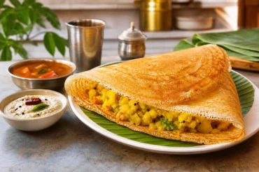 Crisp golden Indian masala dosa filled with spiced potatoes and served with chutney and sambar.
