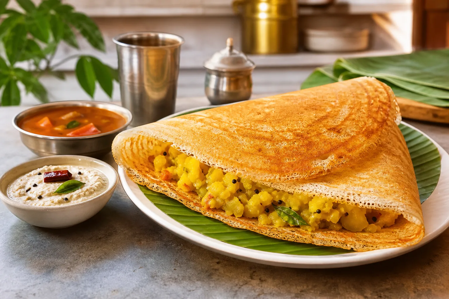 Crisp golden Indian masala dosa filled with spiced potatoes and served with chutney and sambar.