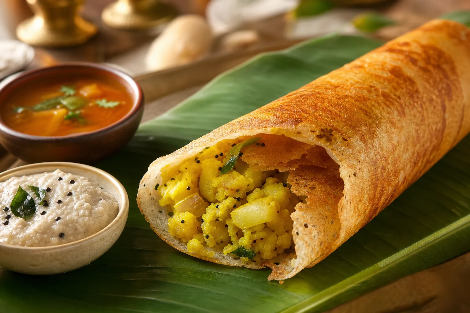 A close-up masala dosa opened to show turmeric potato filling beside coconut chutney and sambar.