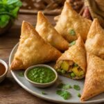 Golden Indian samosas with mint and tamarind chutneys on a ceramic platter.