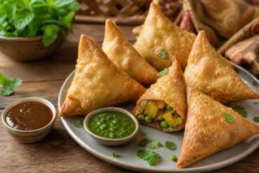 Golden Indian samosas with mint and tamarind chutneys on a ceramic platter.