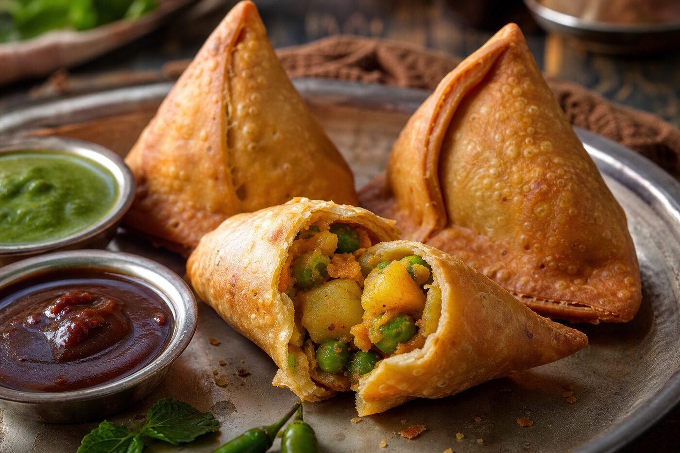 A crisp Indian samosa broken open to show spiced potato and pea filling beside chutneys.
