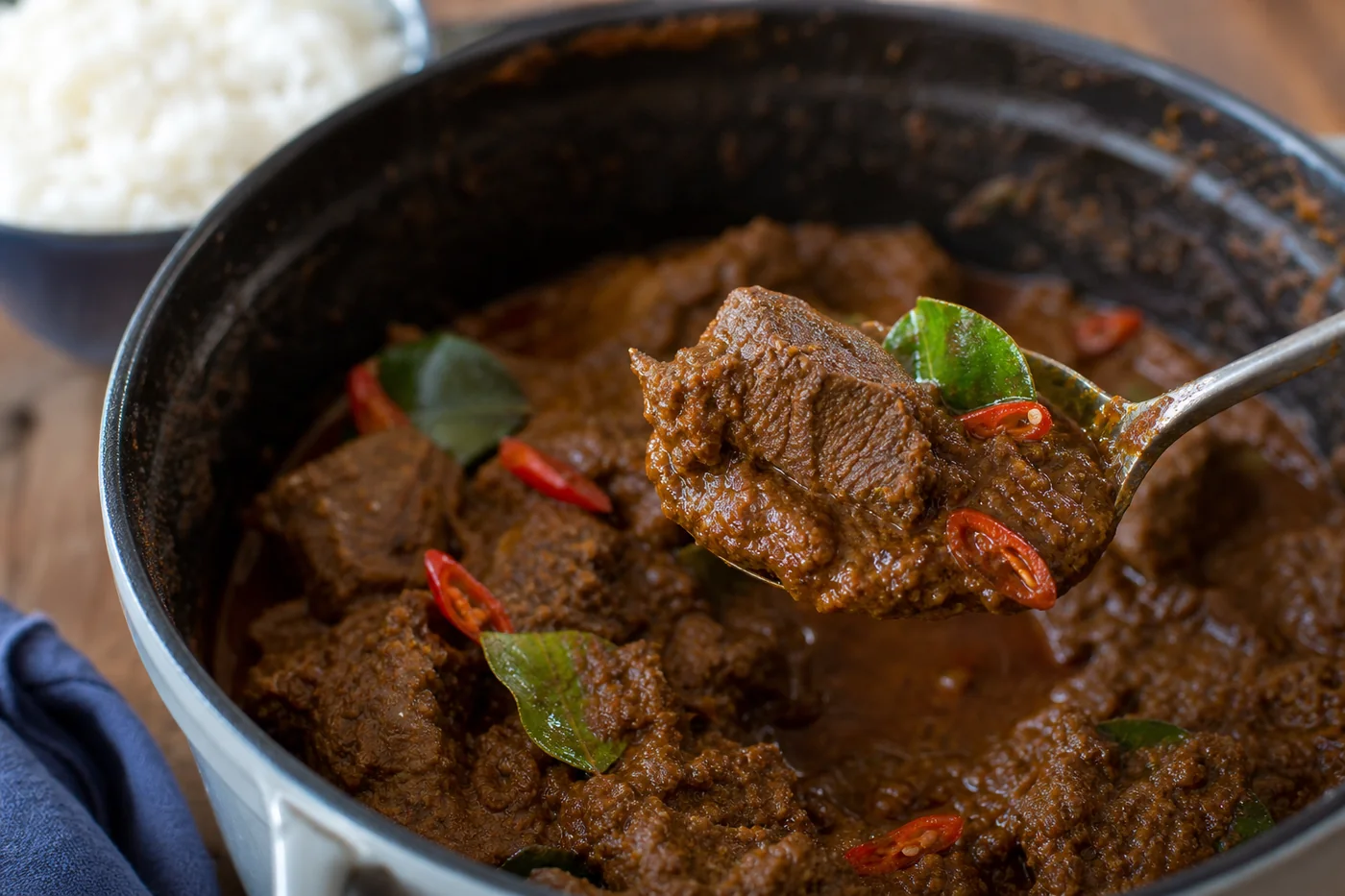 A spoon lifting tender Indonesian beef rendang from a pot with thick coconut-spice sauce.
