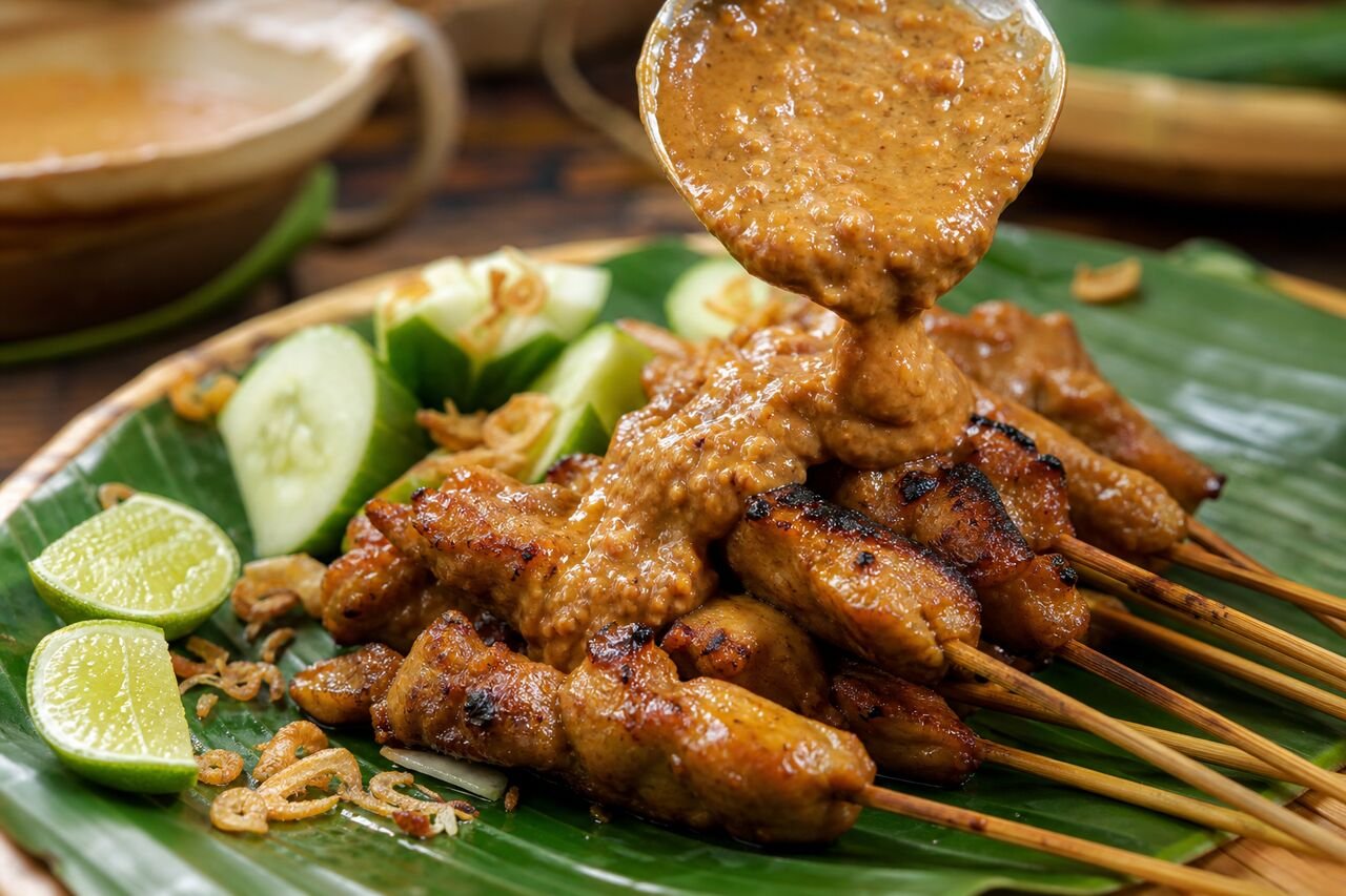 Grilled Indonesian chicken satay with peanut sauce, lime, cucumber, and fried shallots.