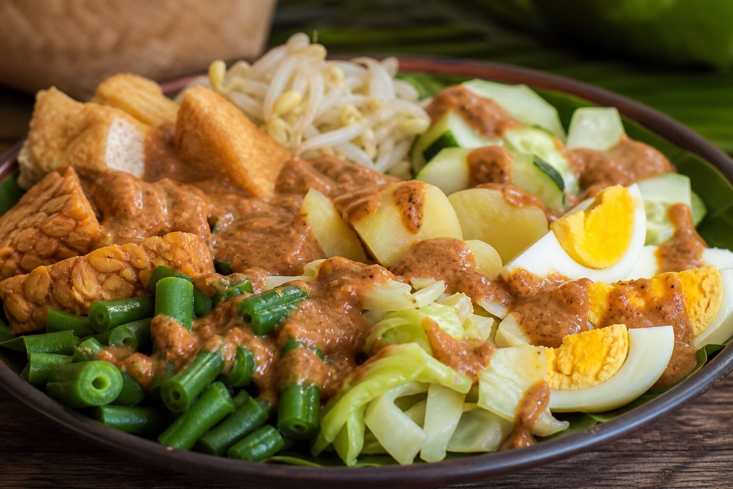 Close-up Indonesian gado-gado with vegetables, tofu, tempeh, egg, and thick peanut sauce.