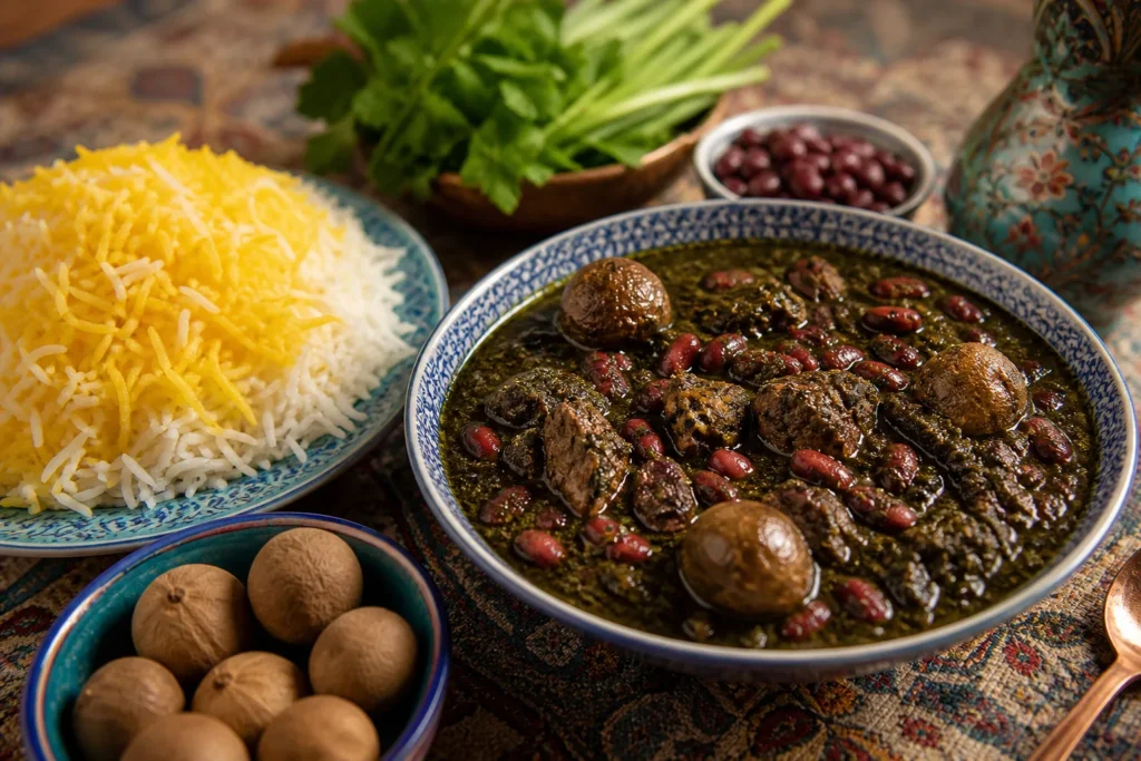 Iranian ghormeh sabzi with tender beef, kidney beans, dried limes, dark herbs, and saffron rice.