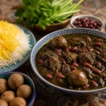 Iranian ghormeh sabzi with tender beef, kidney beans, dried limes, dark herbs, and saffron rice.