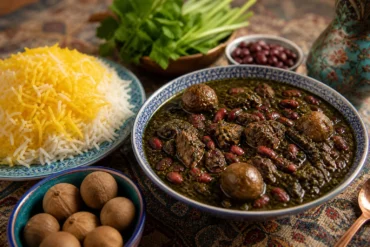Iranian ghormeh sabzi with tender beef, kidney beans, dried limes, dark herbs, and saffron rice.