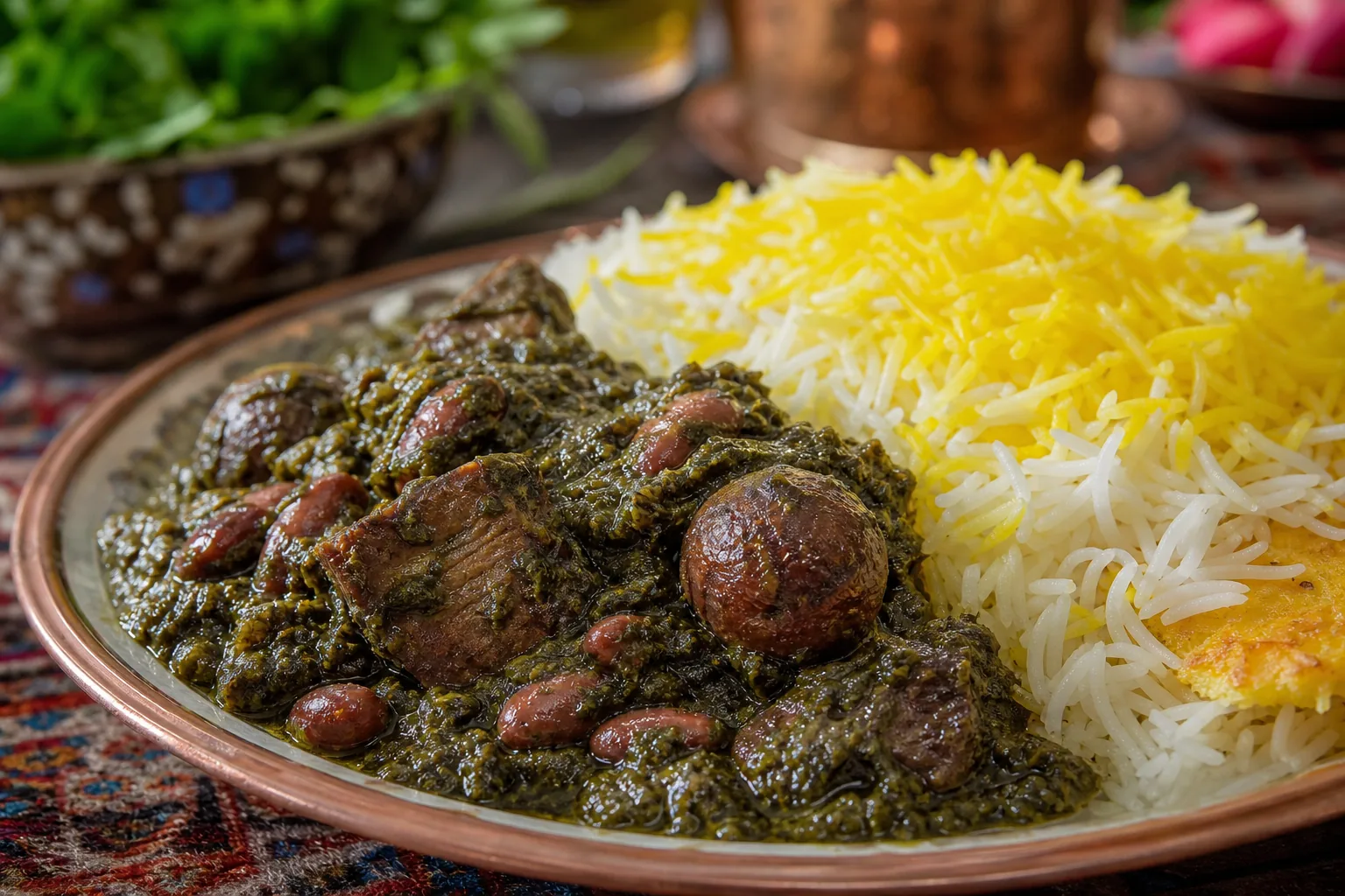 A close-up serving of ghormeh sabzi with beef, kidney beans, dried lime, herbs, and fluffy saffron rice.