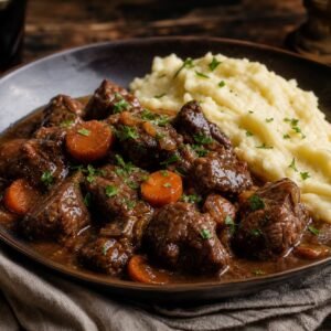 Tender beef and carrots in rich Guinness gravy served with creamy mashed potatoes.
