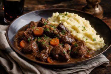 Tender beef and carrots in rich Guinness gravy served with creamy mashed potatoes.