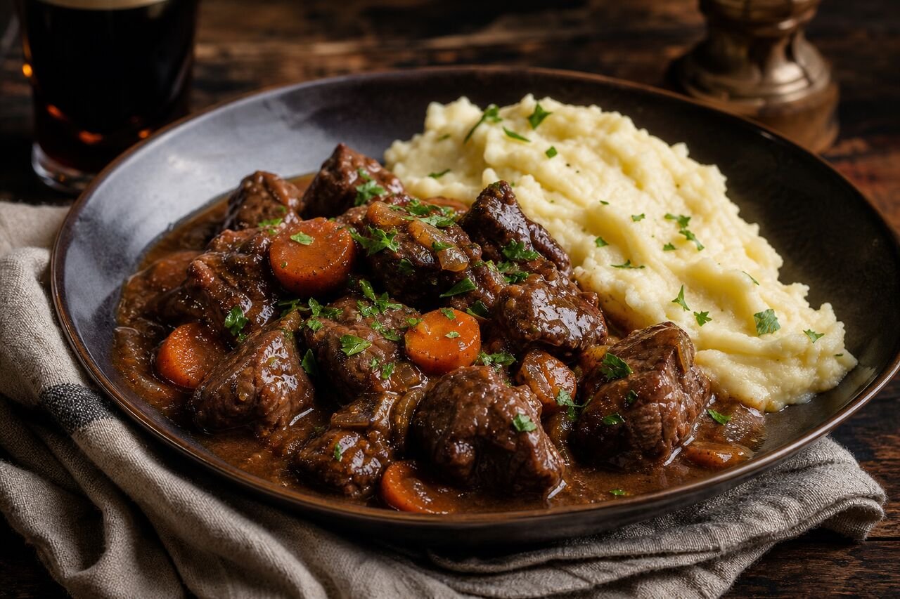 Tender beef and carrots in rich Guinness gravy served with creamy mashed potatoes.
