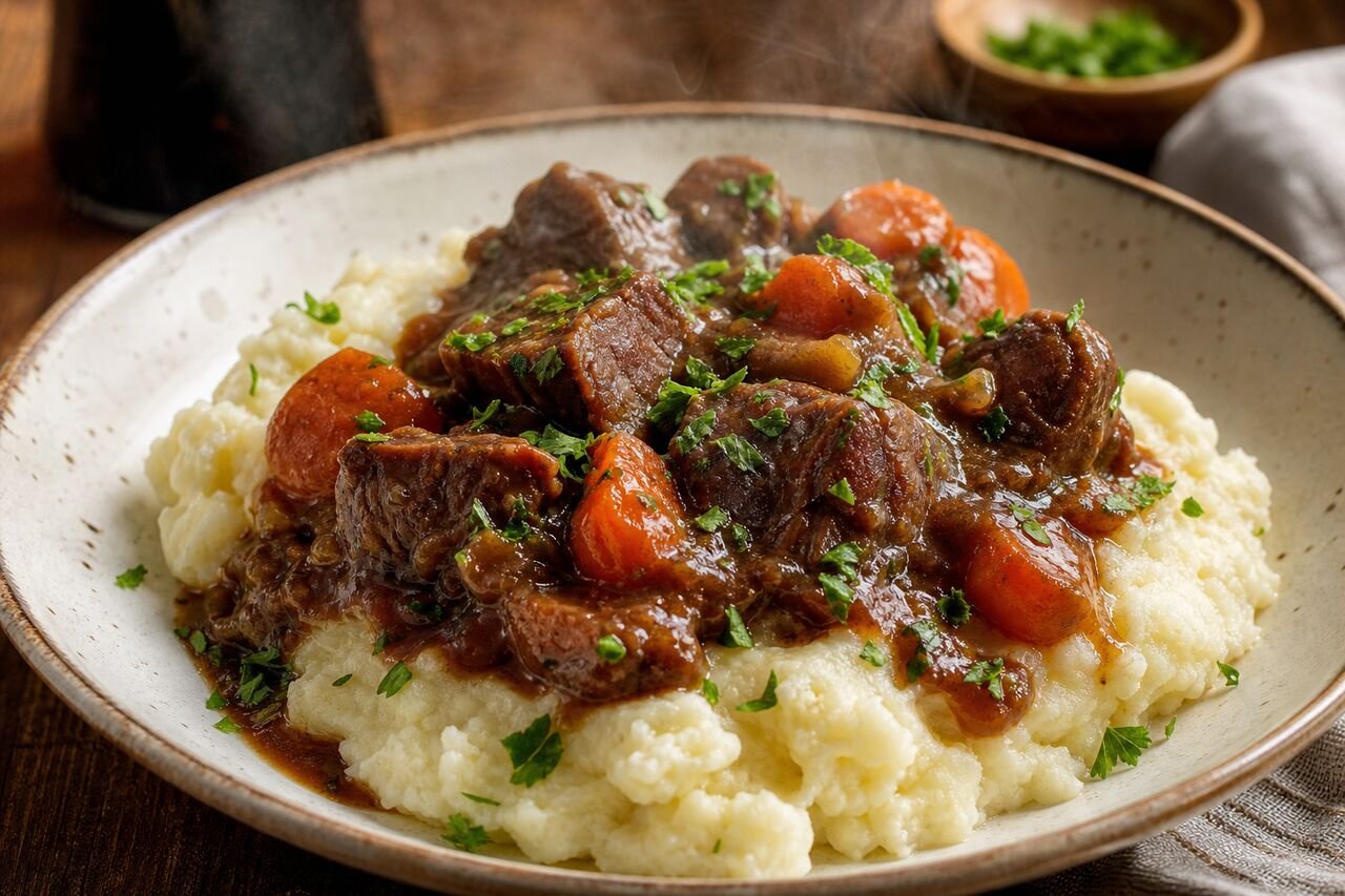 A close serving of Irish beef and Guinness stew over mashed potatoes with parsley.