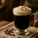 A classic Irish Coffee in a clear handled mug with hot coffee, whiskey, and a thick cream topping.