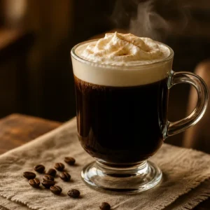 A classic Irish Coffee in a clear handled mug with hot coffee, whiskey, and a thick cream topping.
