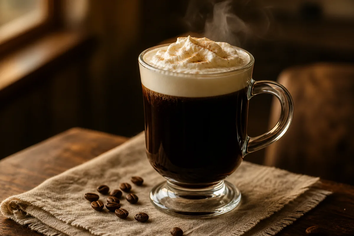 A classic Irish Coffee in a clear handled mug with hot coffee, whiskey, and a thick cream topping.