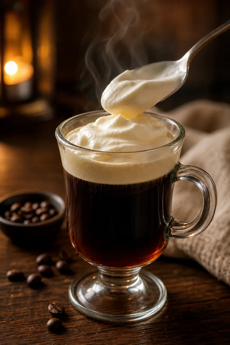 Lightly whipped cream being spooned over a steaming Irish Coffee in a clear glass mug.