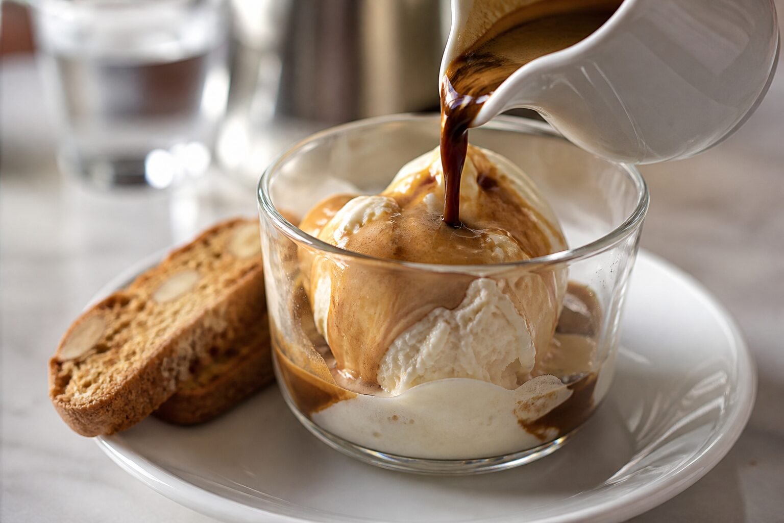 Hot espresso being poured over vanilla gelato to make an Italian affogato with biscotti.