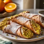 Italian cannoli with crisp pastry shells, sweet ricotta cream, pistachios, chocolate chips, and powdered sugar.