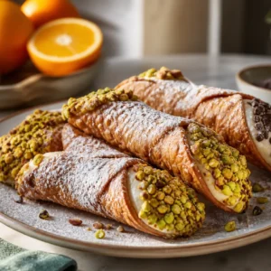 Italian cannoli with crisp pastry shells, sweet ricotta cream, pistachios, chocolate chips, and powdered sugar.