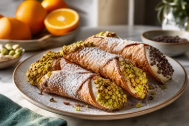Italian cannoli with crisp pastry shells, sweet ricotta cream, pistachios, chocolate chips, and powdered sugar.