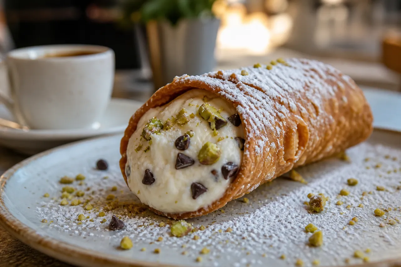 A close-up Italian cannolo cut open to show sweet ricotta cream, pistachios, chocolate chips, and powdered sugar.