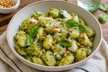 Pillowy Italian potato gnocchi coated in basil pesto with Parmesan, pine nuts, and fresh basil.
