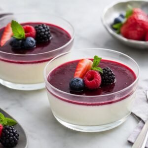 Silky Italian panna cotta topped with berry sauce and fresh berries on a pale dessert plate.