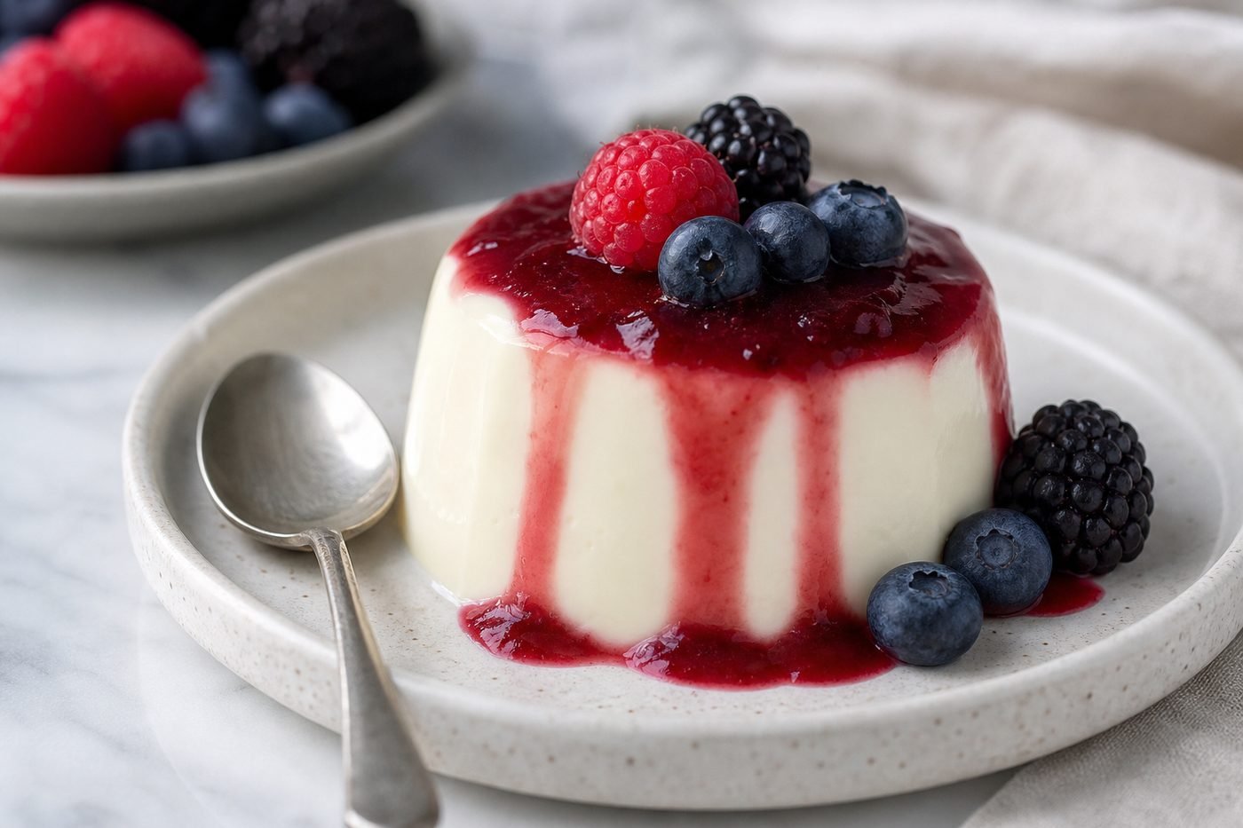 Close serving of Italian panna cotta with glossy berry coulis, berries, and a spoon.