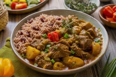Jamaican curry goat with potatoes, scallions, thyme, curry gravy, and rice and peas.
