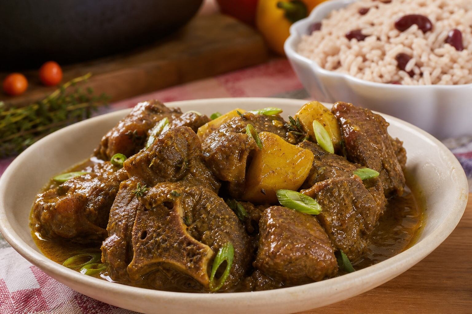 A close serving of Jamaican curry goat with tender meat, potatoes, glossy curry gravy, and rice and peas.