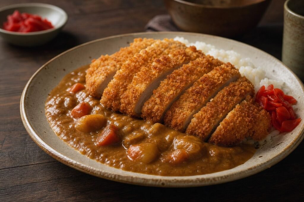 Crisp sliced chicken katsu with Japanese curry sauce over steamed rice.
