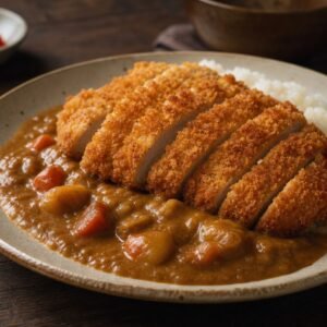 Crisp sliced chicken katsu with Japanese curry sauce over steamed rice.