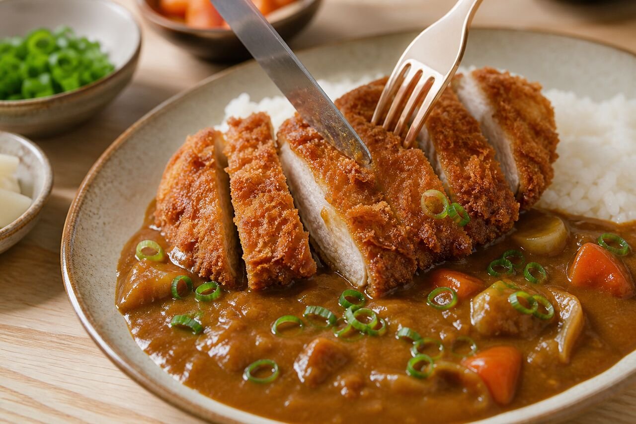 Sliced chicken katsu being served with glossy Japanese curry, rice, and scallions.