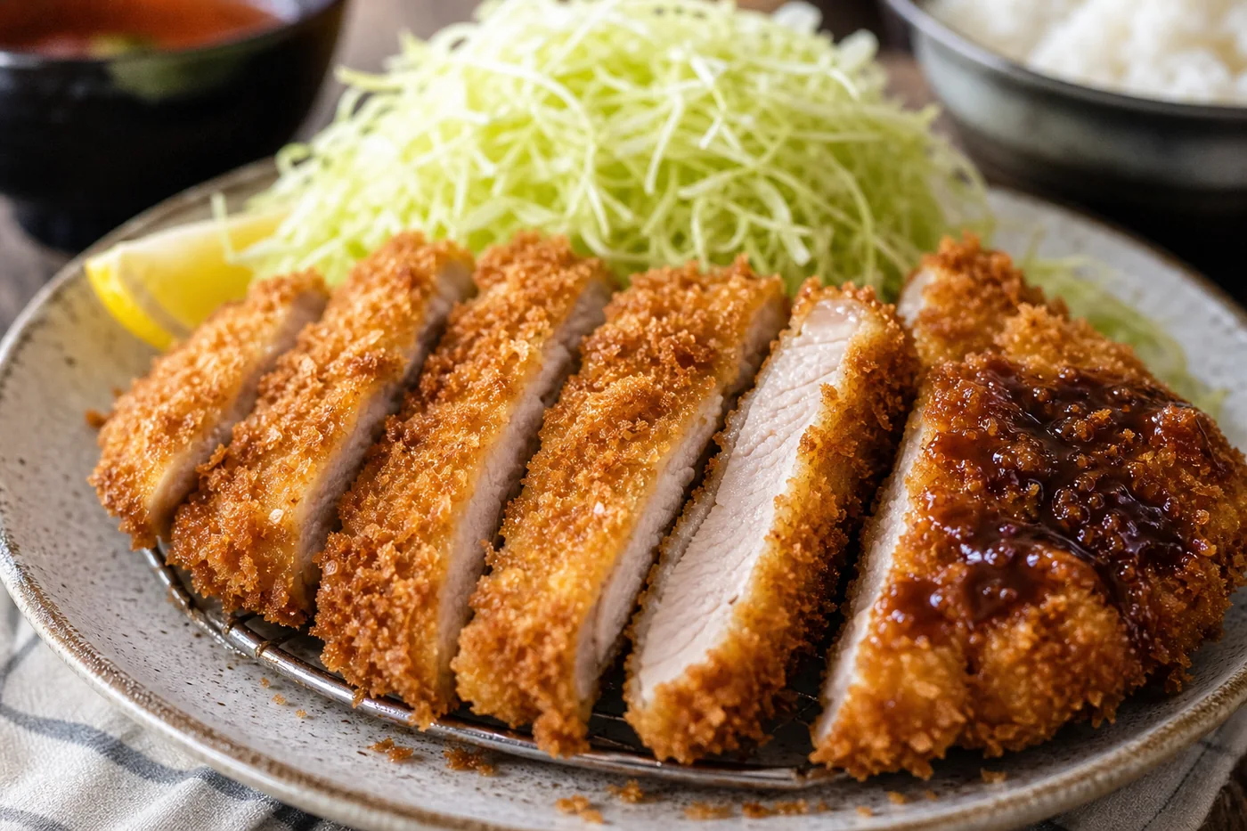 Sliced Japanese chicken katsu showing a crispy panko crust and juicy chicken interior.