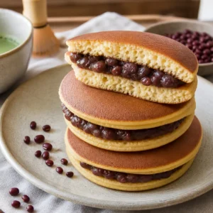 Japanese dorayaki pancakes filled with sweet red bean paste, stacked beside matcha tea and azuki beans.