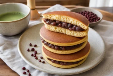 Japanese dorayaki pancakes filled with sweet red bean paste, stacked beside matcha tea and azuki beans.