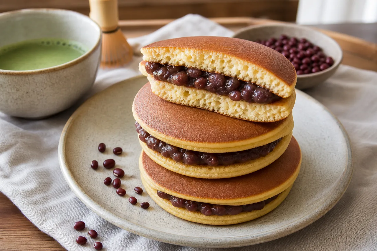 Japanese dorayaki pancakes filled with sweet red bean paste, stacked beside matcha tea and azuki beans.