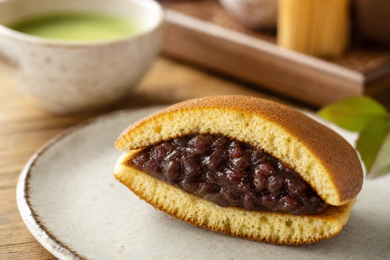 A close-up Japanese dorayaki pancake cut open to show thick sweet azuki red bean filling between golden pancakes.