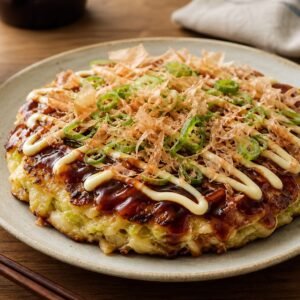 A Japanese okonomiyaki savory cabbage pancake topped with sauce, mayonnaise, bonito flakes, and scallions.