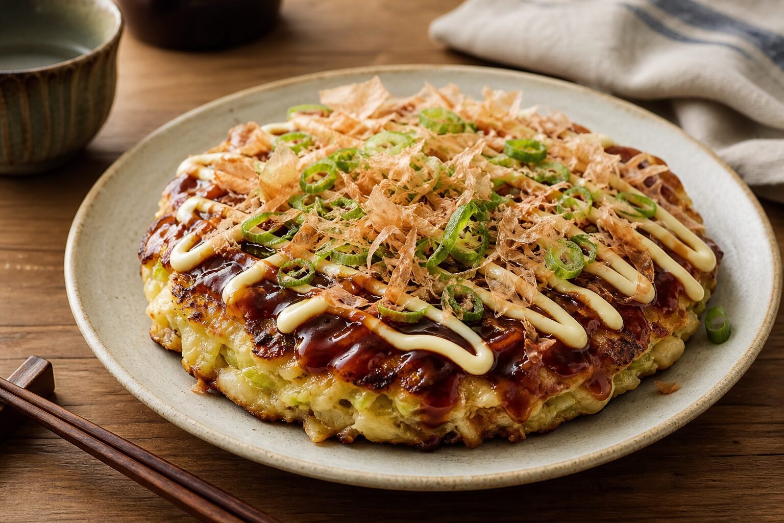 A Japanese okonomiyaki savory cabbage pancake topped with sauce, mayonnaise, bonito flakes, and scallions.
