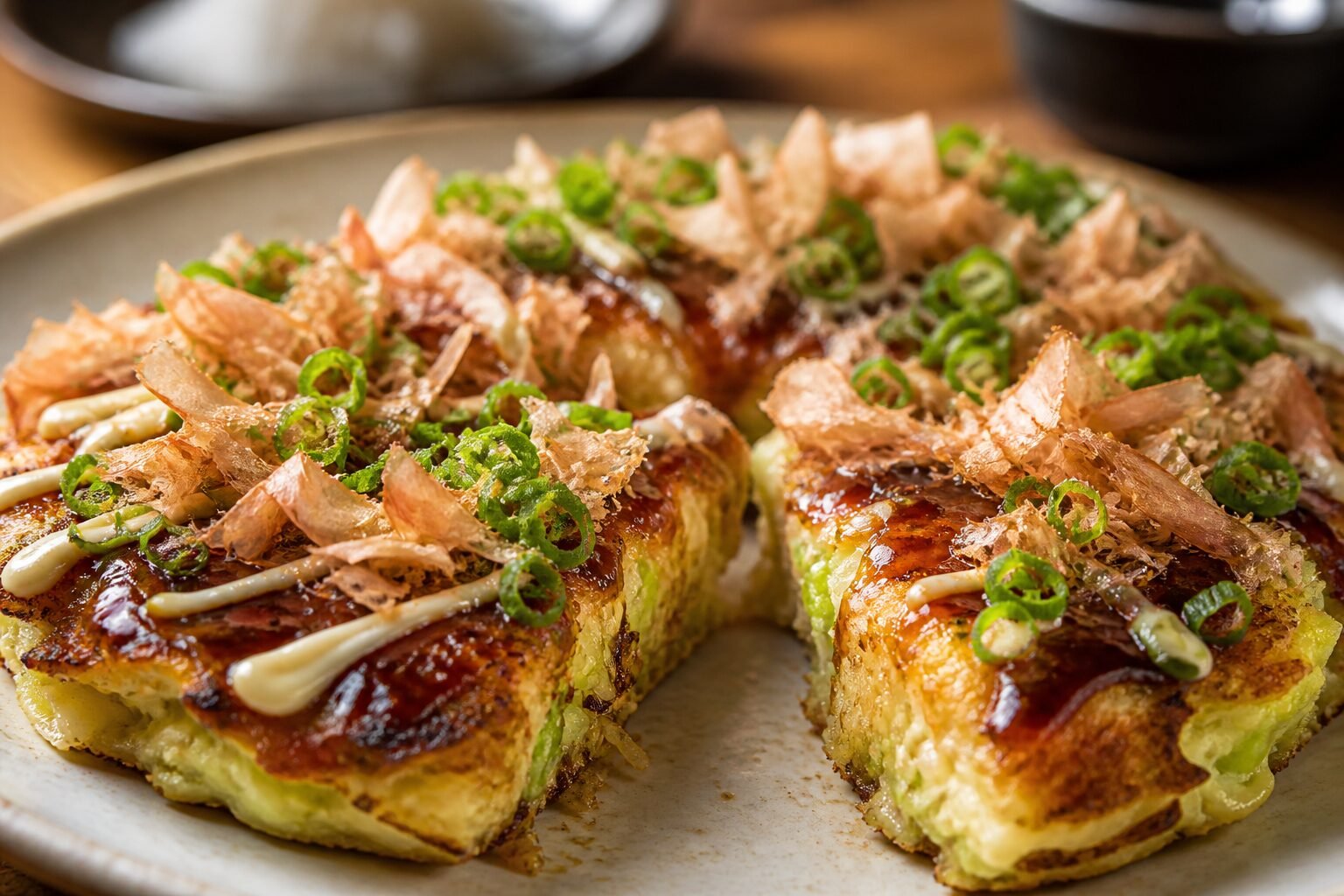 Sliced Japanese okonomiyaki showing its browned cabbage interior, glossy sauce, mayonnaise, bonito flakes, and scallions.