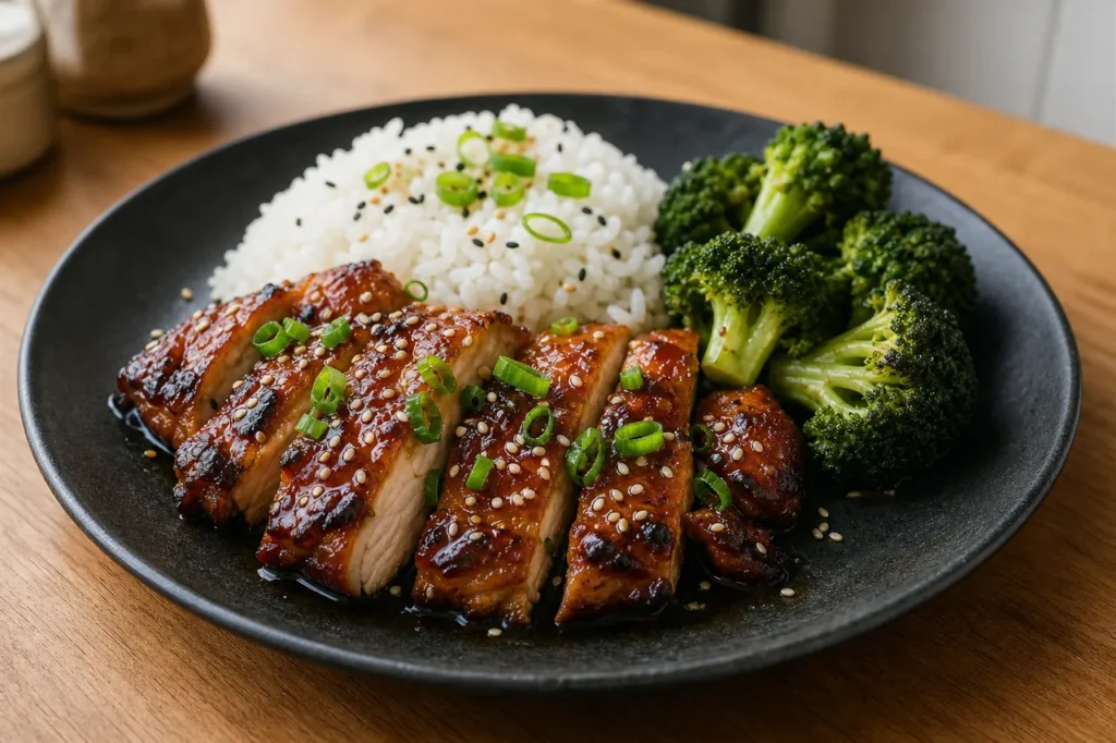 Sliced Japanese teriyaki chicken with glossy sauce, steamed rice, broccoli, sesame seeds, and scallions on a dark plate.