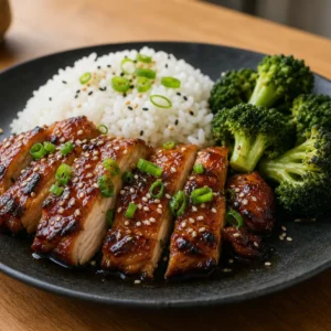Sliced Japanese teriyaki chicken with glossy sauce, steamed rice, broccoli, sesame seeds, and scallions on a dark plate.