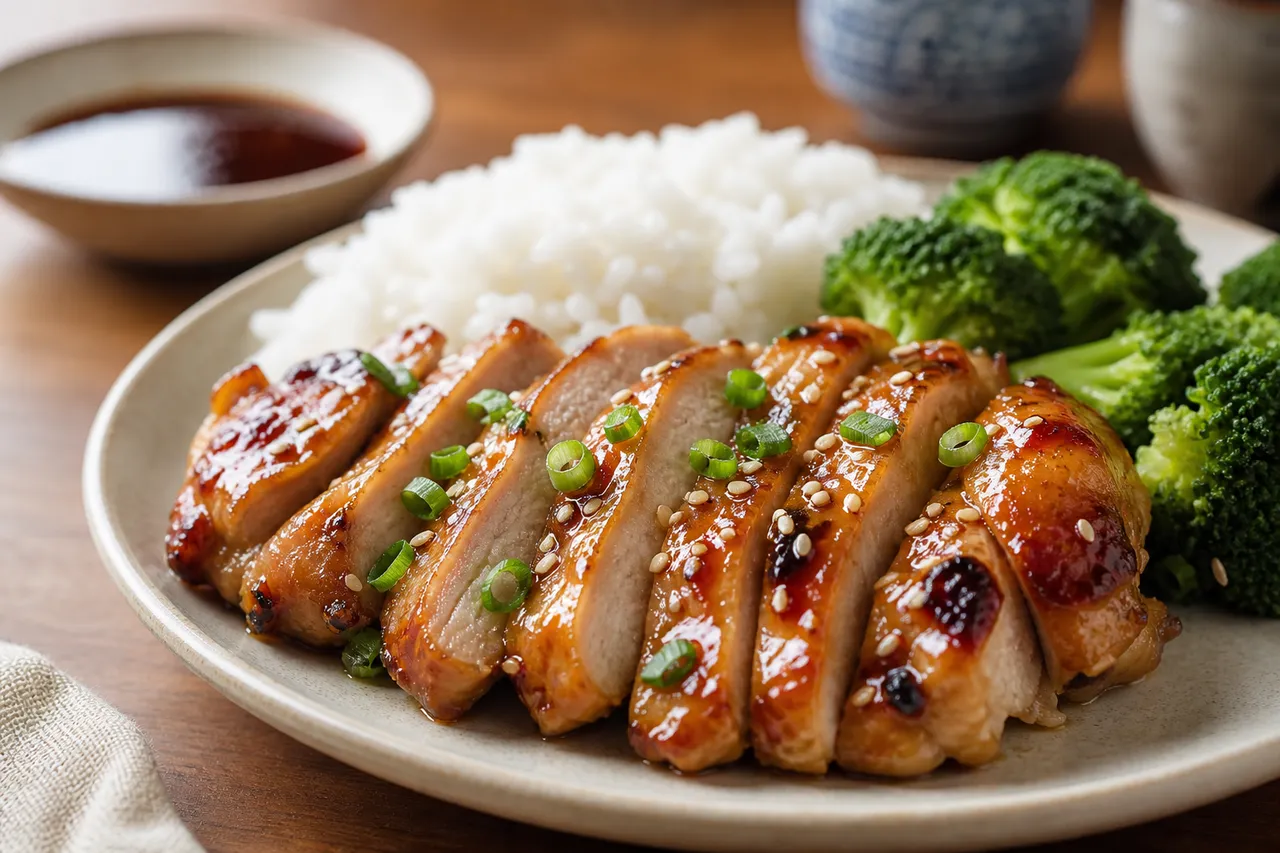 A close-up plate of sliced teriyaki chicken with caramelized edges, steamed rice, broccoli, sesame seeds, and scallions.
